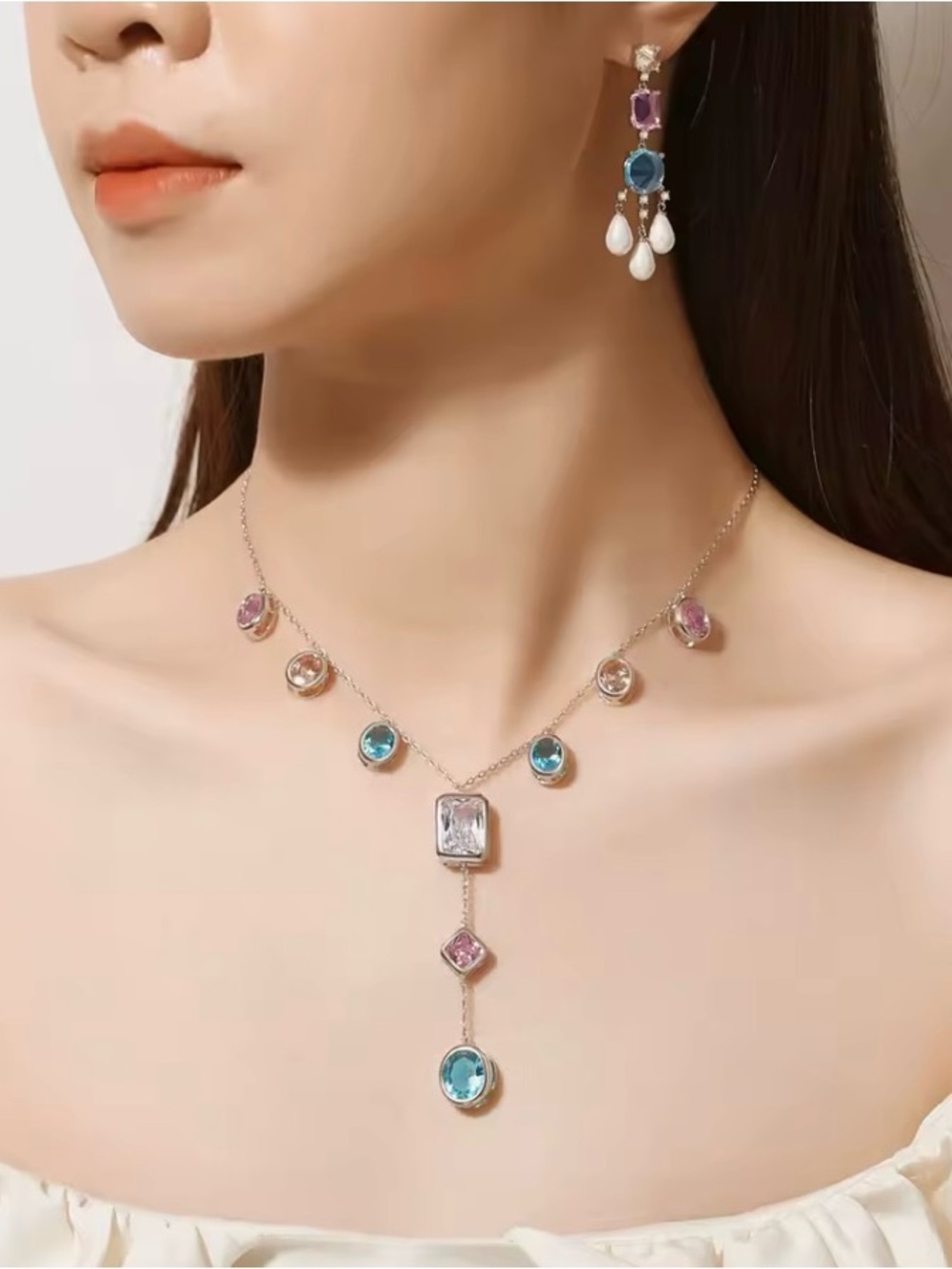 Multicolor Clear Crystal Dangle Pendant Cable Necklace + pearl tassel earrings